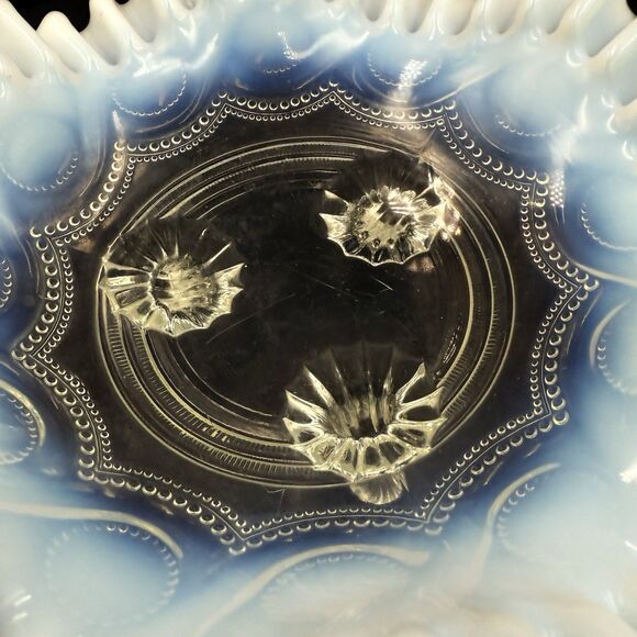 Vintage Fenton Milk Glass Bowl With Blue Ripple & Hobnail Detailing - Picture 4 of 4